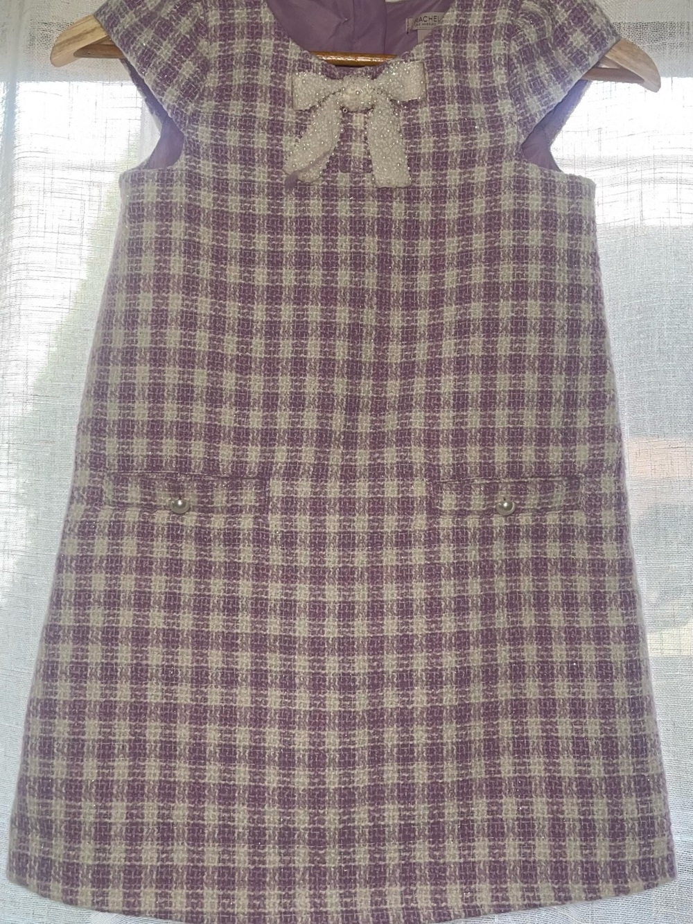 Rachel Zoe Lavender and Cream Plaid Bow-Front Wool Dress